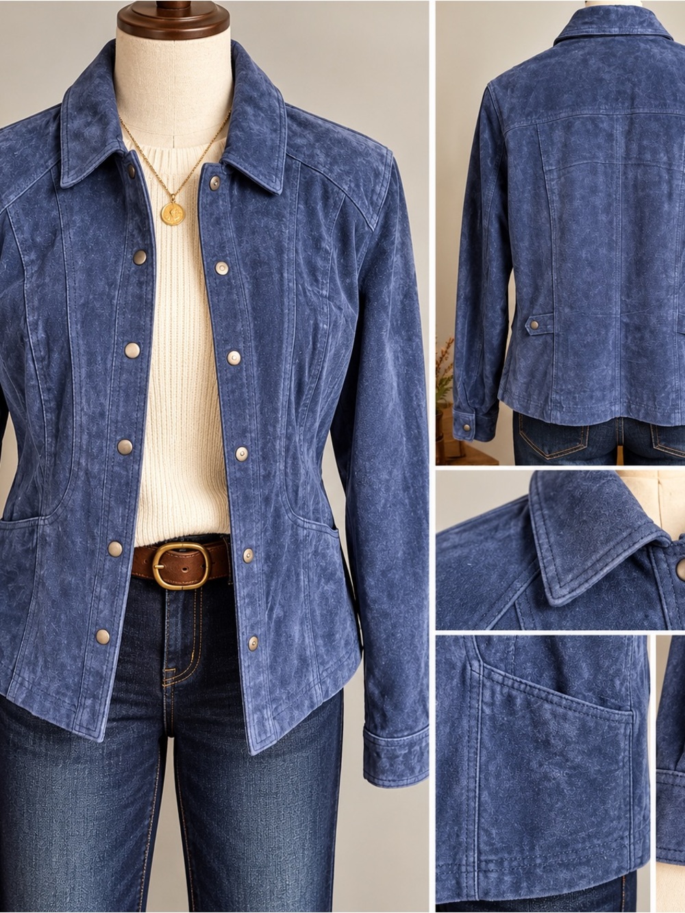 Coldwater Creek Blue Suede Leather Jacket Womens L Western Snap Front Coat